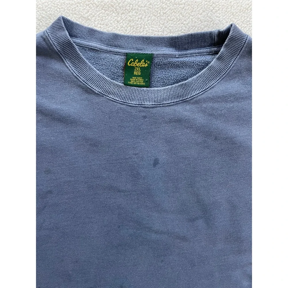 Cabela's Mens 2XL Short Sleeve Sweatshirt Blue French Terry Cotton Stains Grunge